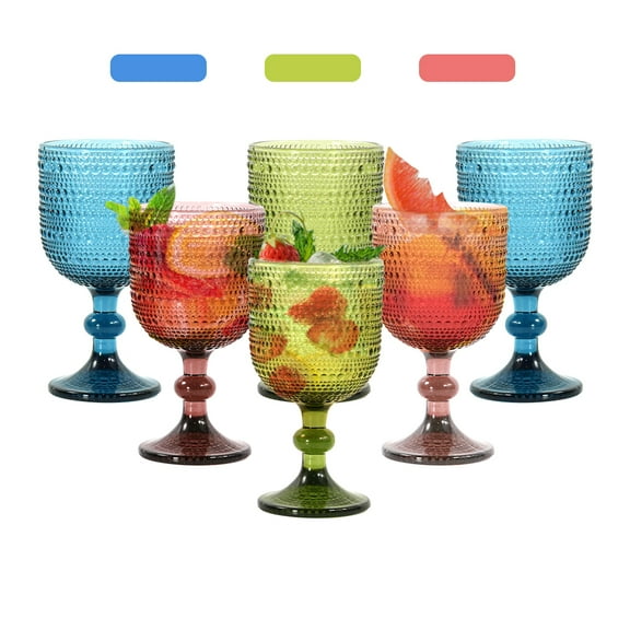 11oz Drinking Wine Goblets Glassware set of 6 Vintage Stemware embossed Christmas Party Wedding Bar Dishwasher Safe