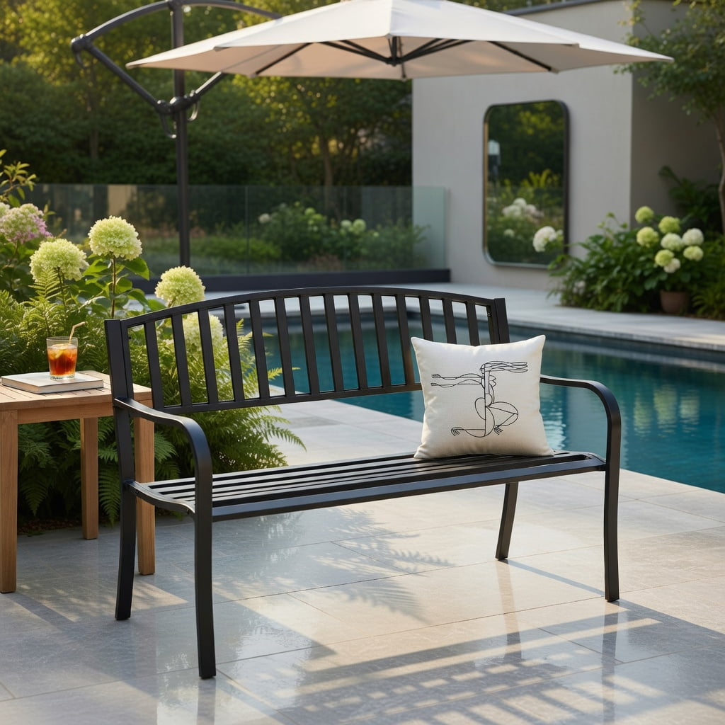 Hommoo 50" Outdoor Steel Garden Bench Loveseat, Modern Patio Bench for Backyard, Deck, Porch & Pool Area, Black