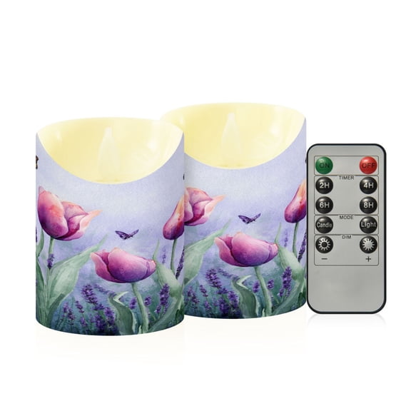 2 PCS Tilted Flameless Candles Flickering LED Lights Battery Operated Candles with Remote Timers for Holiday Decor Watercolor Tulips and Lavender