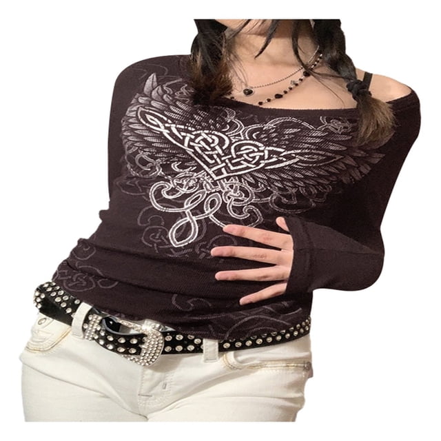 Crop Top Vintage Y2K à Imprimé Graphique pour Femmes, Chandail à Manches Longues, Col Rond, Coupe Ajustée, T-Shirt, Tenue de Rue E-Girl des Années 90