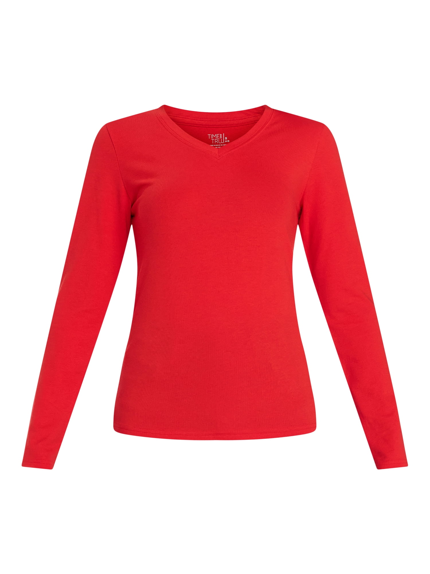 Time and Tru Women's Slim V-Neck Tee with Long Sleeves, Sizes XS-XXXL