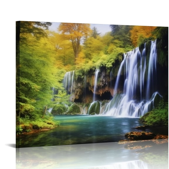 ONETECH Wall Art Stretched and Framed Canvas Paintings Pictures Prints Artwork Exotic Waterfall and Lake Landscape of Plitvice Lakes National Park 20x16\