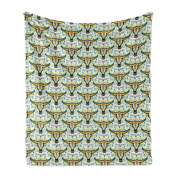 Aztec Soft Flannel Fleece Throw Blanket, Stay Wild Texas Cow Skull in Boho Style on Triangle Shapes Upside down Arrangement, Cozy Plush for Indoor and Outdoor Use, 60" x 80", Multicolor, by Ambesonne