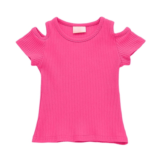 Toddler Girls Cold Shoulder Ribbed Tees 1-5 Years Old Cotton Short Sleeve Basic Layering Tops Summer Casual Playwear