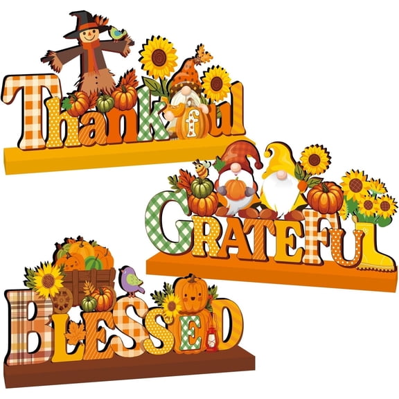 Fall Decorations for Home Wood Table Centerpieces, 3pcs Grateful Thankful Blessed Fall Centerpieces for Tables Pumpkin Sunflower Style Autumn Thanksgiving Tabletopper