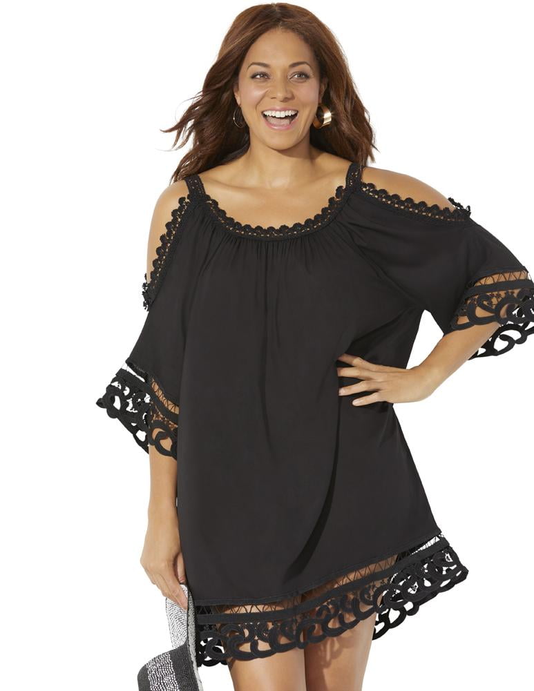 Swimsuits For All Women's Plus Size Vera Crochet Cold Shoulder Cover Up ...