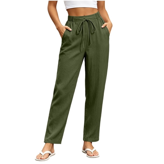 Ayolanni Pants for Women Solid Cotton Linen Comfy Straight Leg Pants Flowy Drawstring Elastic Waist Green Petite Trousers with Pockets L