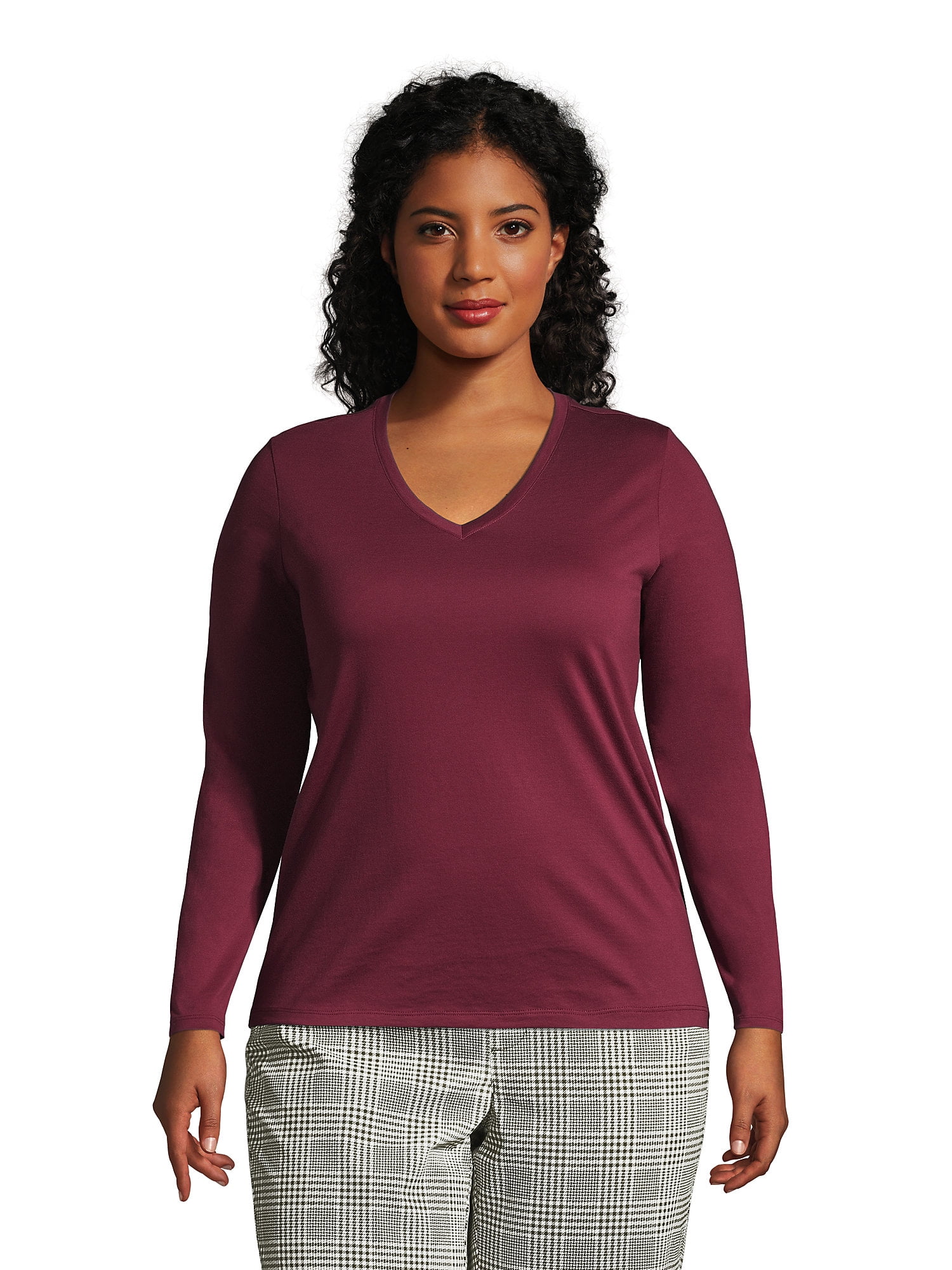 Lands' End Women's Plus Size Relaxed Supima Cotton Long Sleeve VNeck T
