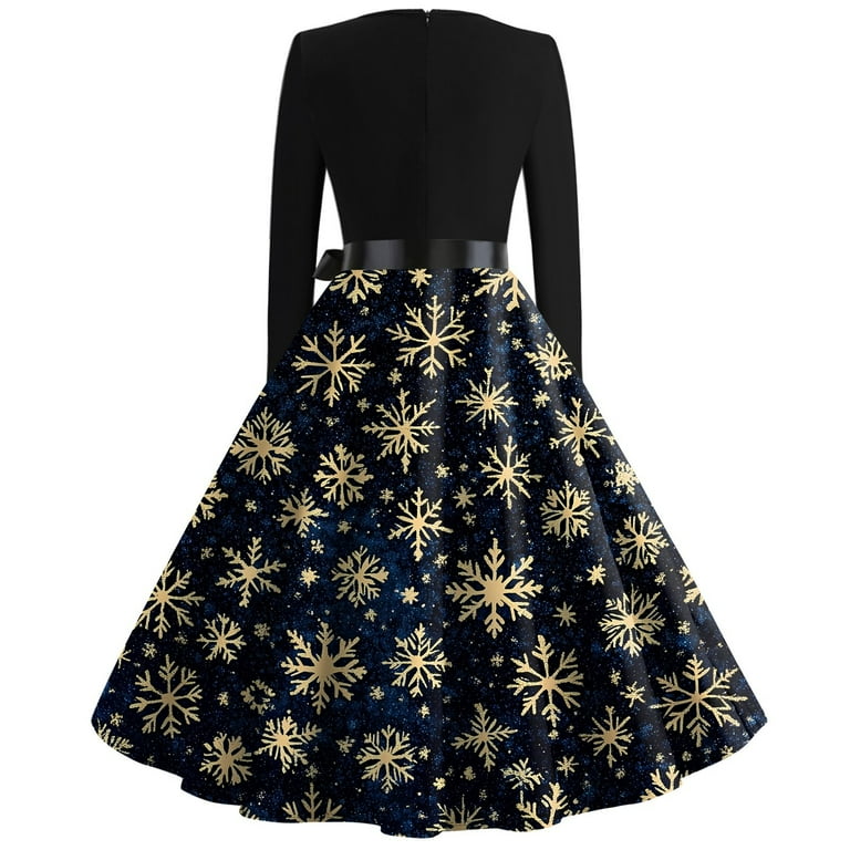 Women's Christmas Flare Dress Long Sleeve V-Neck Retro Party Casual Dress  with Snowflake, Christmas Tree, Snowman Print, Hollow Out Design for  Holiday, Merry Christmas,Navy,XL - Walmart.com