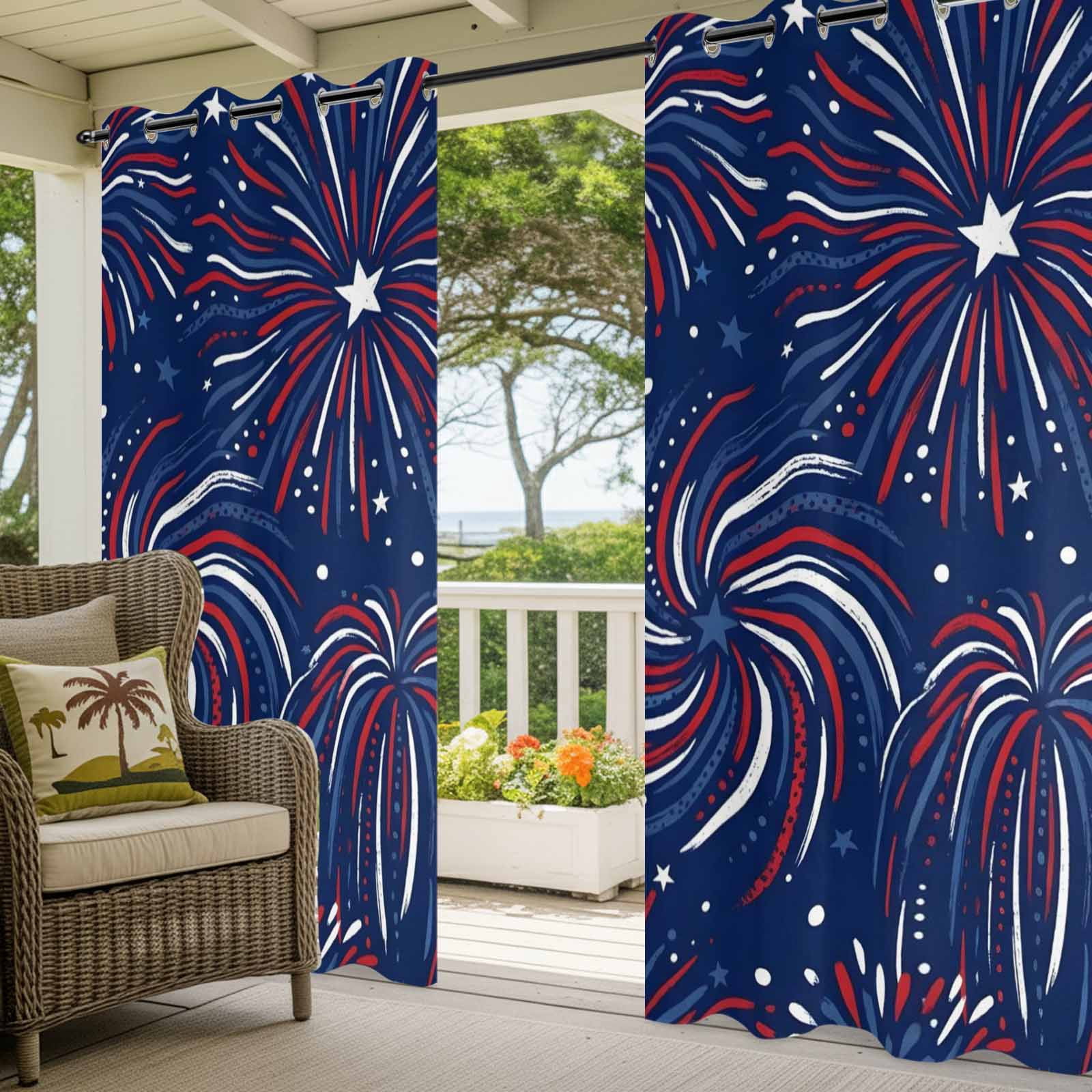 Independence Day Outdoor Curtains for Patio, U. S. Flag Cartoon Firework Graffiti Patriotic Sunshade Privacy Drapes Grommet Waterproof Outside Curtains for Porch/Cabana/Balcony 54"x 108", 1 Panel