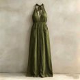 thumbnail image 7 of Womens Summer Halter Jumpsuits Plunge Sleeveless Beach Vacation Romper Elastic Waist Linen Jumper with Pockets Army Green, XL, 7 of 7