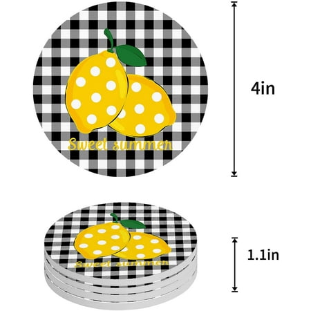 

ZHANZZK Summer Polka Dot Lemon Black White Plaid Set of 4 Round Coaster for Drinks Absorbent Ceramic Stone Coasters Cup Mat with Cork Base for Home Kitchen Room Coffee Table Bar Decor