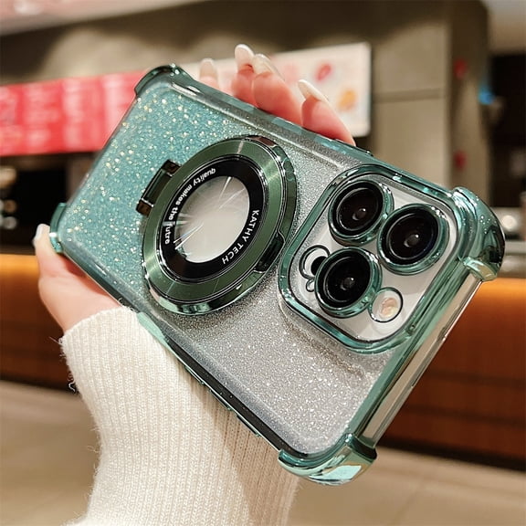 For iPhone 16 Plus Glitter Magnetic Case with Invisible Ring Stand Holder [Compatible with MagSafe] Luxury Bling Reinforced Four Corner Protection Cover For iPhone 16 Plus, Green