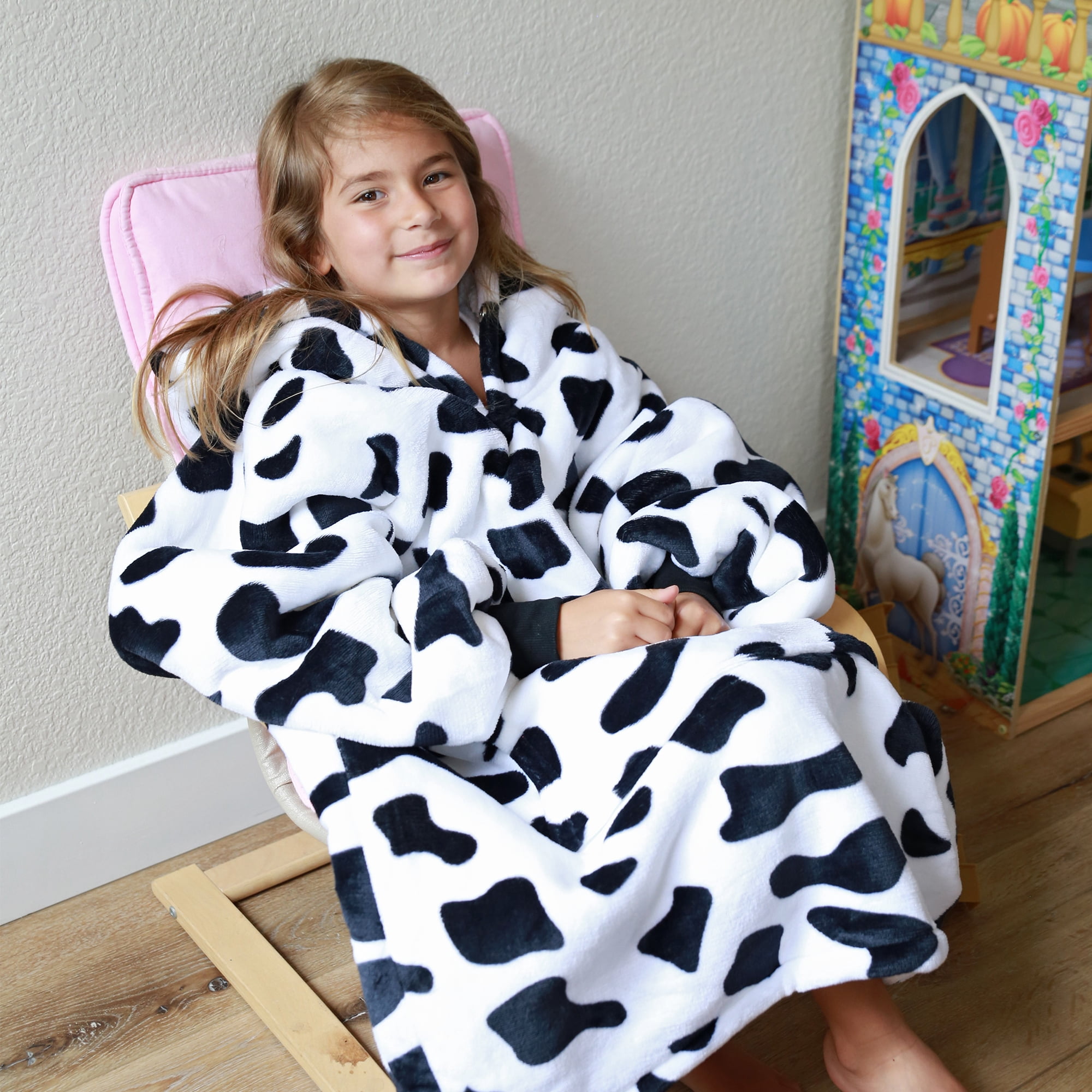 Catalonia Cow Print Kid's Oversized Wearable Blanket Hoodie Sweatshirt,  Comfortable Fleece  Pullover for 7-16 yr Teens Youth, Cow Gift for Cow Lovers