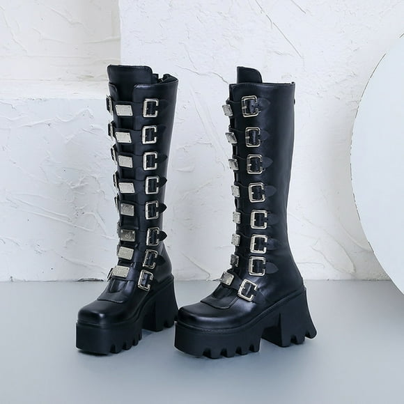 Women‘s Fashion Metal Buckle Platform High Boots Autumn Platform Leather Boots