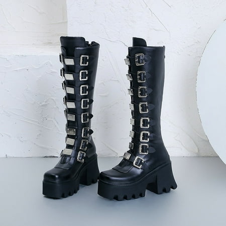 

Egmy Women‘S Metal Buckle Platform High Boots Autumn Platform Leather Boots