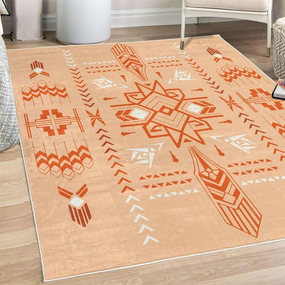 Geometric Decorative Rug, Tribal Hand Drawn Vintage Aztec Background in Vector Illustration Print, Quality Carpet for Bedroom Dorm and Living Room, 6 Sizes, Peach White, by Ambesonne