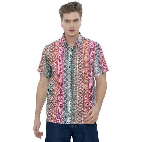 LA LEELA Men's Hawaiian Summer Holiday Beach Shirts S Geometric Multicolor Vacation Party