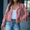 thumbnail image 4 of utcoco Women's Fashion Notched Collar Open-Front Fringed Performance Moto Faux Suede Leather Crop Jacket Coat, 4 of 6