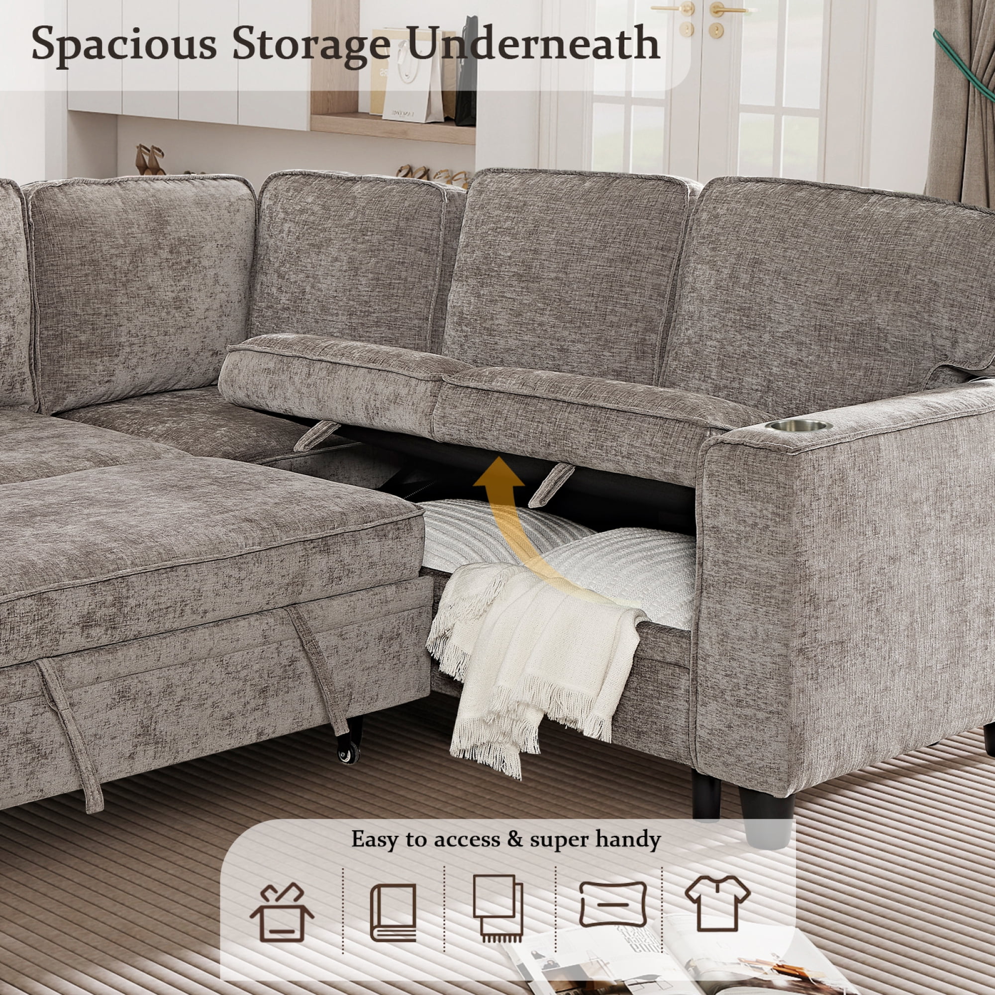 5-Seat L-Shaped Sectional Sofa with Pull-Out Bed, Reversible Chaise with Storage, Sleeper Sofa Couch Bed with USB & Type-C Charging Ports, Chenille Fabric Couch for Living Room, Apartment