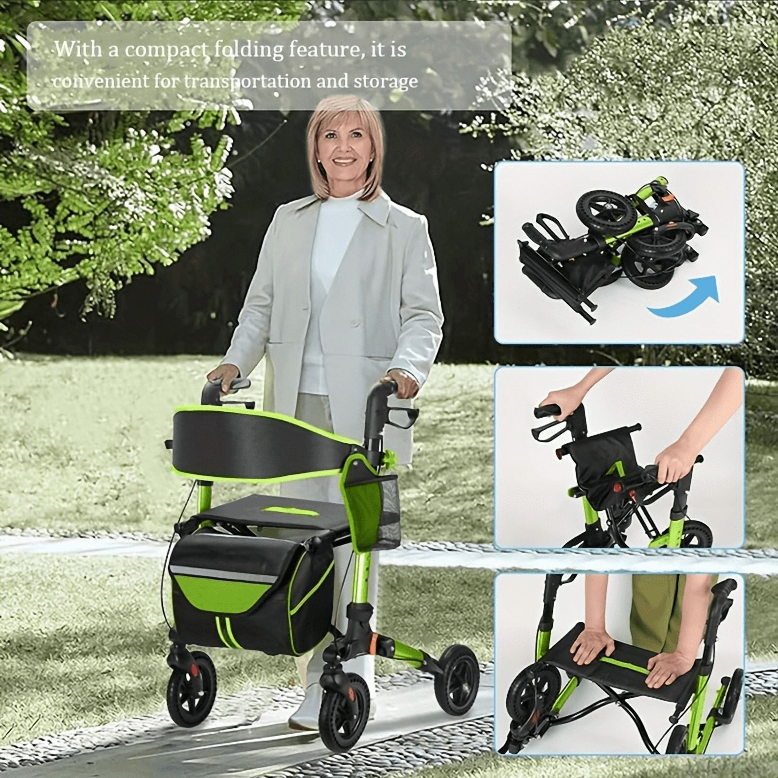 Aukfa Foldable Rollator Walkers with Seat,8" Big Wheels All Terrain Rolling Walker for Seniors,Green
