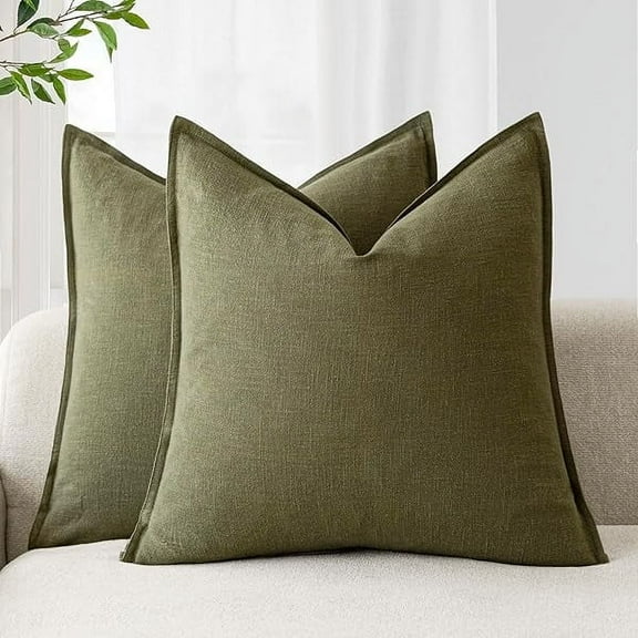 Pack of 2, Decorative Linen Soild Throw Pillow Covers Soft Accent Cushion Case Boho Farmhouse Pillowcase for Chair Couch Sofa Bedroom Living Room Home Decor 20x 20 Inch Olive Green