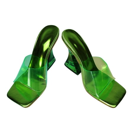 

Women s Fashion Crystal Shoes Square Toe Candy Color Sandals Summer High Heel Slippers