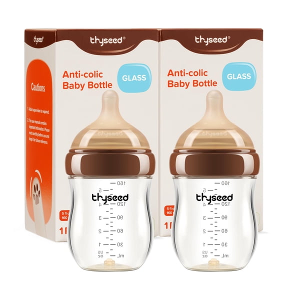 Biberón de vidrio anti-cólicos Thyseed 150 ml, paquete de 2