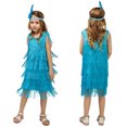thumbnail image 3 of IBTOM CASTLE Kids Girls 1920s Flapper Dress Vintage Sequins Fringe Gatsby Halloween Party Dress up with Feather Headband 10-12 Years Blue, 3 of 4