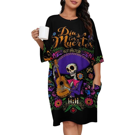 DIA DE LOS MUERTOS Mexico Sleepshirts For Sleeping Travels Loose Sleepdress Pajama Dress Soft Nightdress Sleepwear