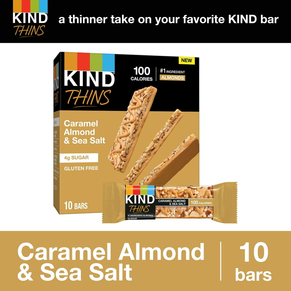 KIND THINS Caramel Almond & Sea Salt Bars, Gluten Free Bars, 4g Sugar, 0.74 OZ Bars (10 Count