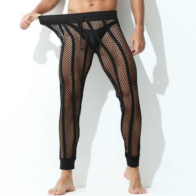 XFLWAM Men's Mesh Fishnet Pants Sexy See Through Leggings Drawstring  Striped Workout Sweatpants Black S