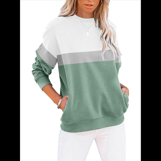 Sudadera Informal de Larga con Bloques de Color para Mujer, Cuello Redondo, Corte Holgado y Bolsillos. Verde L