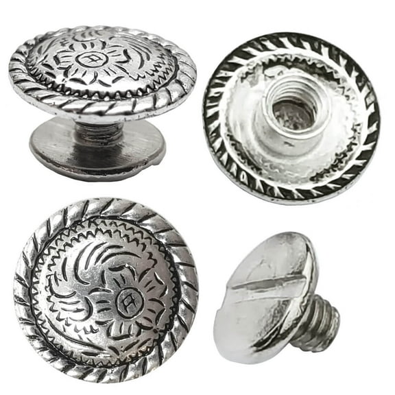 10 Pack 1/2" Concho Antiqued Silver Engraved With Chicago Screws