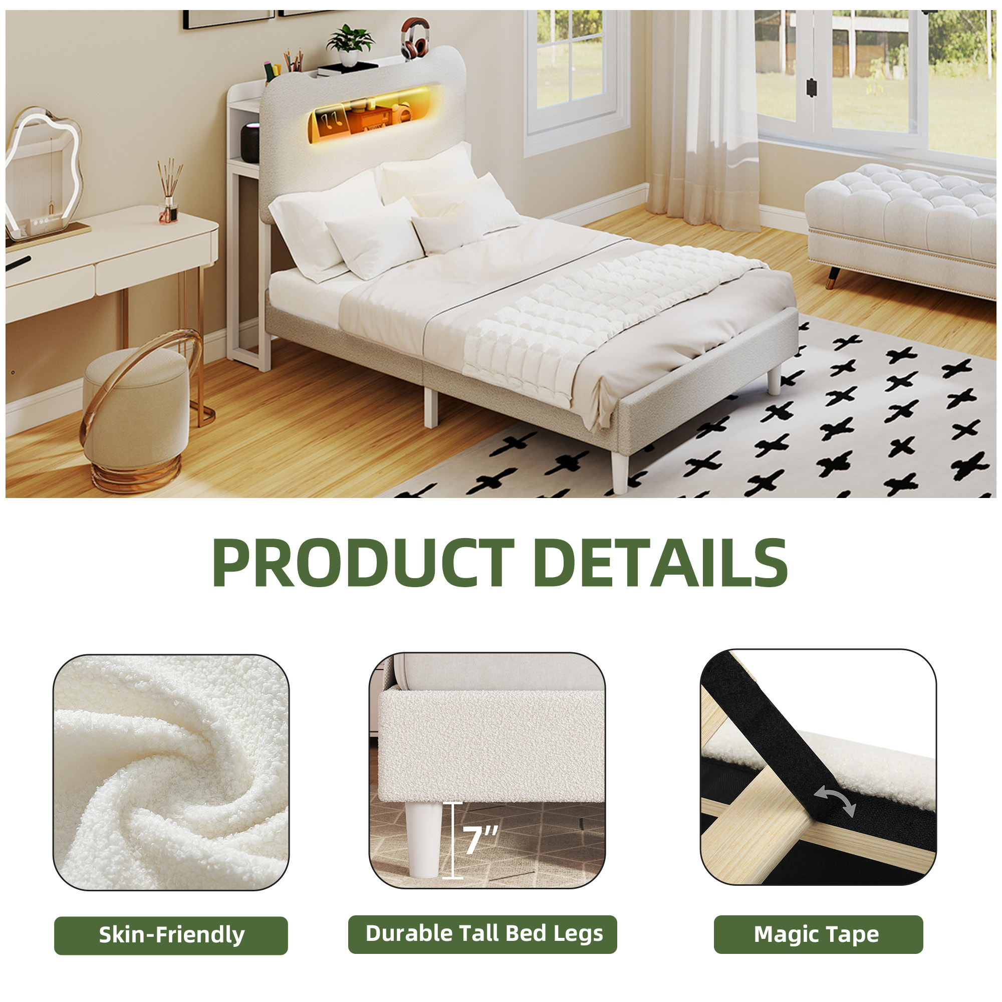 Uforic Twin Bed Frame with LED Headboard, Charging Ports, Storage Shelf, Boucle Upholstery, No Box Spring Needed, Cream