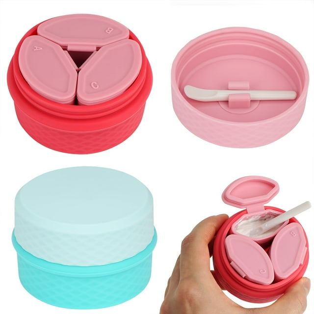 Paquete de 2 recipientes de maquillaje de silicona, tarros de cosméticos de viaje a prueba de fugas para cremas con tapa, accesorios esenciales de viaje (azul, rosa)
