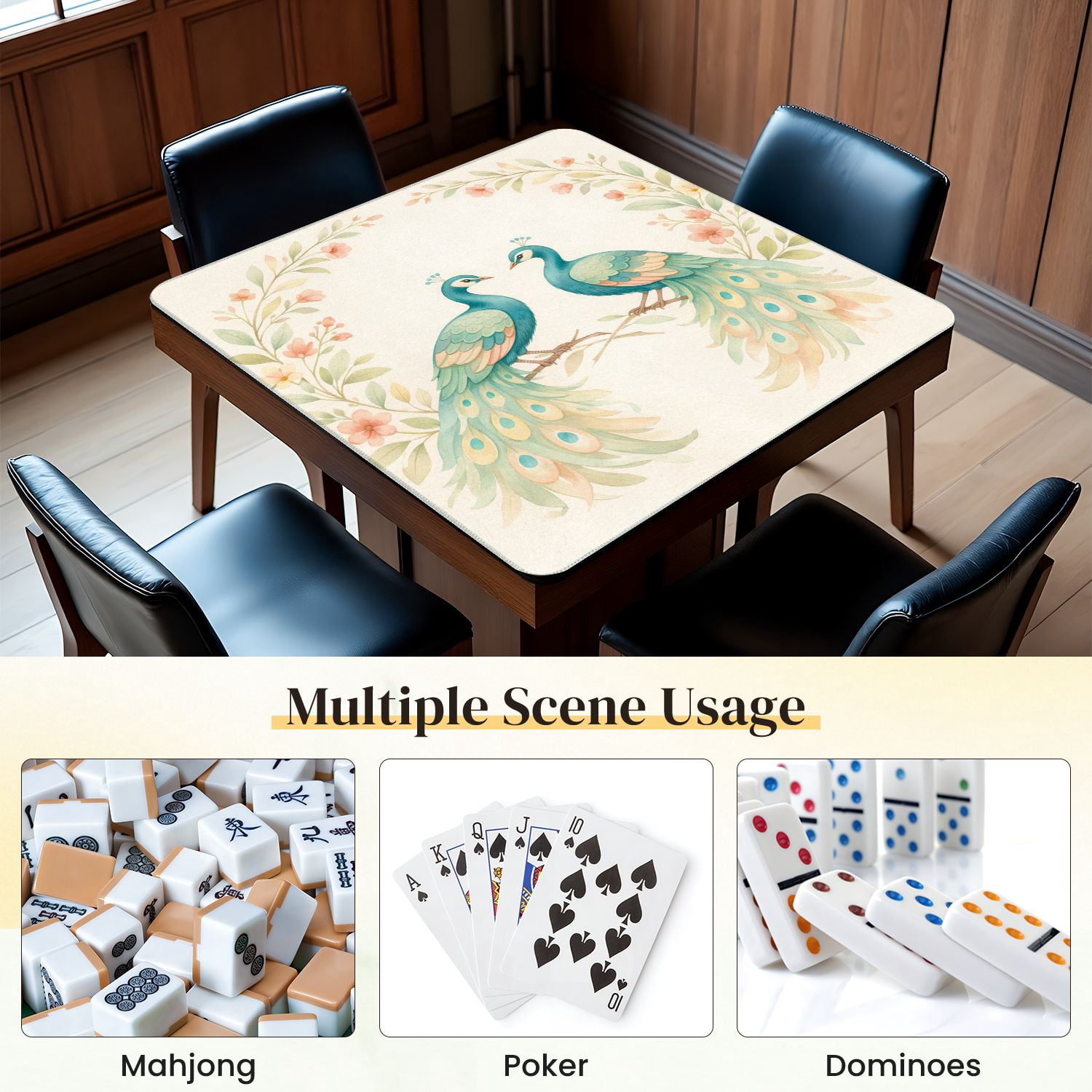 Mahjong Mat 31.5" x 31.5" Pair Elegant Blue Green Peacocks Long Flowing Tails Floral Wreath Non-Slip Noise Reduction Mahjong Tiles Table Cover for Dominoes Poker Card Board and Tile Games