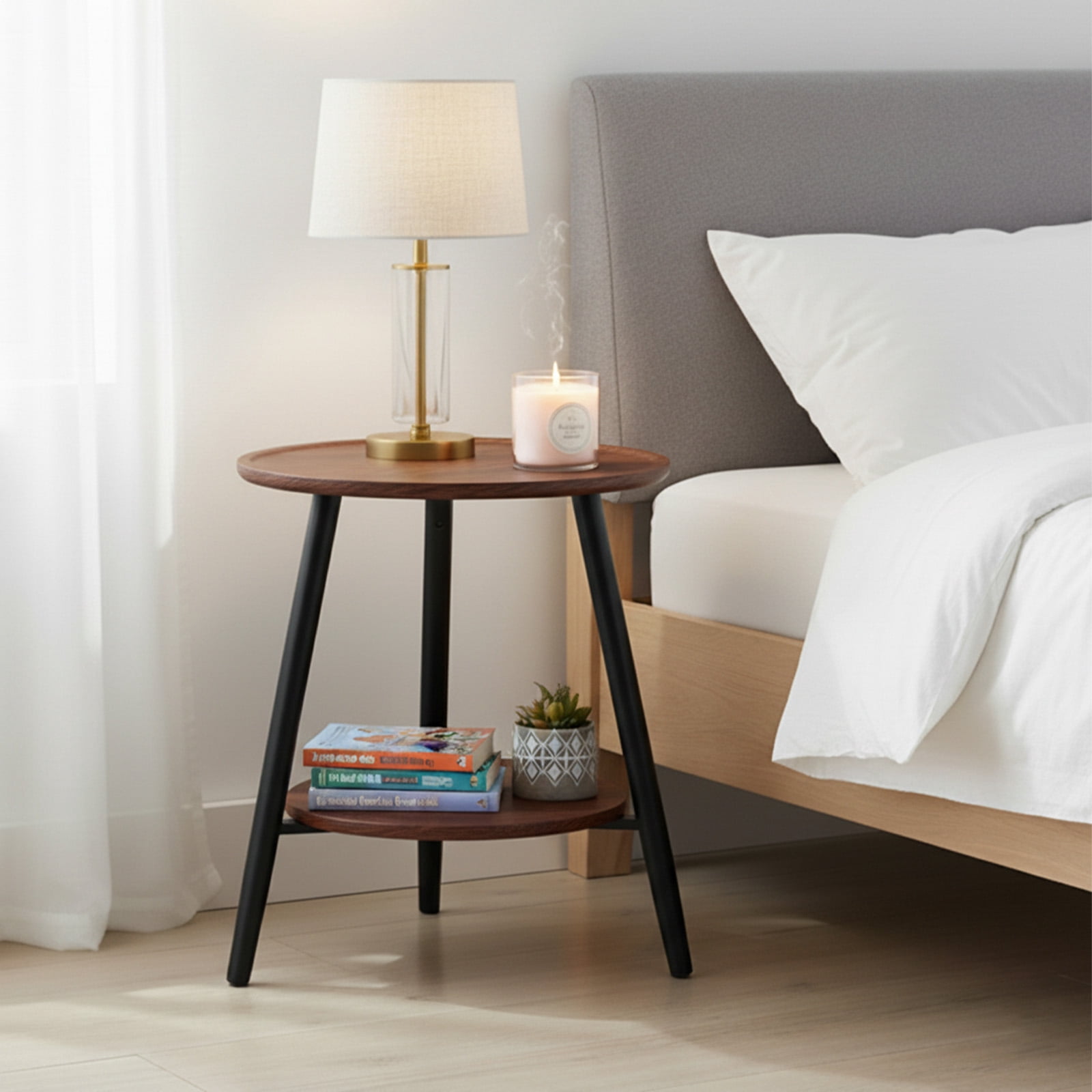 PinkSheep Round End Table, 2 Tier Small Side Table Accent Table Tray Table with Storage for Living Room Bedroom Small Spaces, Walnut with Black