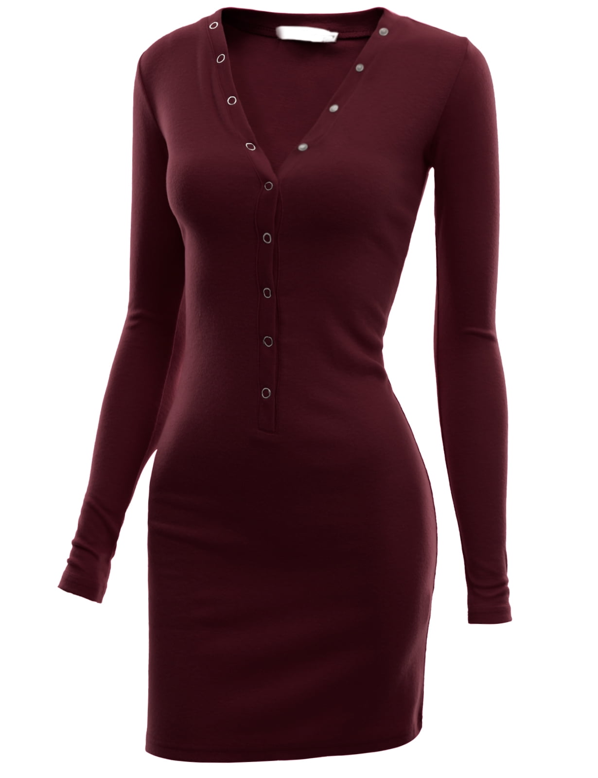 Doublju Slim Fit Ribbed Knit Button Down Henley Hoodie Dress For Women With Plus Size WINE S