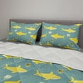 thumbnail image 2 of Shark Comforter & Sham Bedding Set, Silhouettes Saying Hi Fish Friendly Representation Nautical, 3 pcs Duvet Set Microfiber Filling Quilt, 5 Sizes, Sea Green Yellow, by Ambesonne, 2 of 4