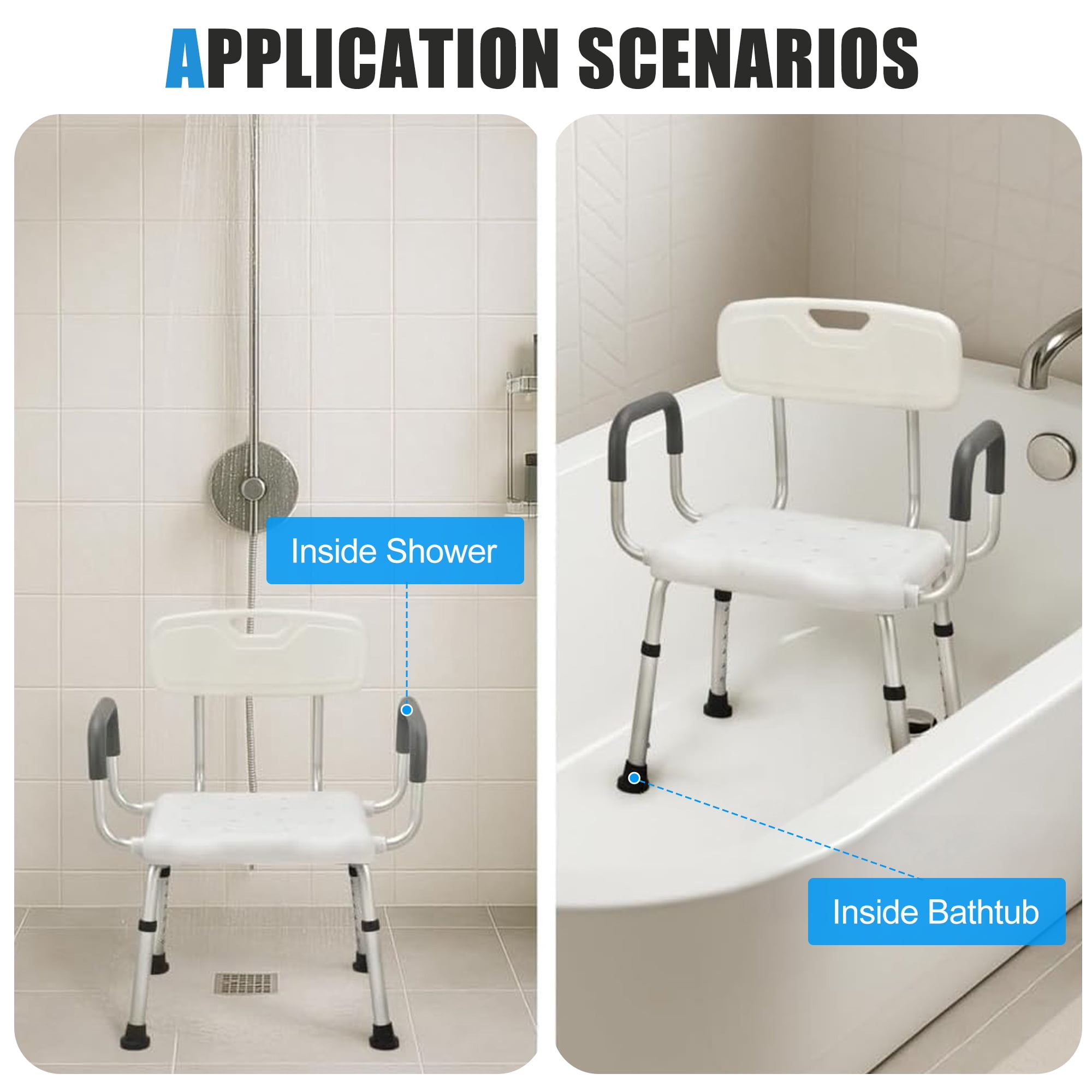 GARITIN Shower Chairs for Bathtub, Bath Stool with Back and Arms, Adjustable Shower Seat with Nonslip Feet, Shower Benchs for Inside Shower, Support up to 330Lbs