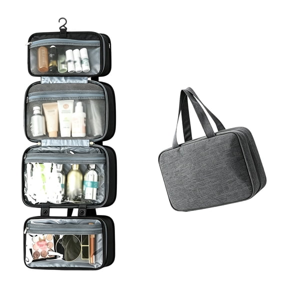 Foldable Hanging Cosmetic Organizer, 4-Slayer Travel Toiletry Bag with Clear Pouches, Water-Resistant Makeup Bag for Bathroom, Travel, Camping, Storage