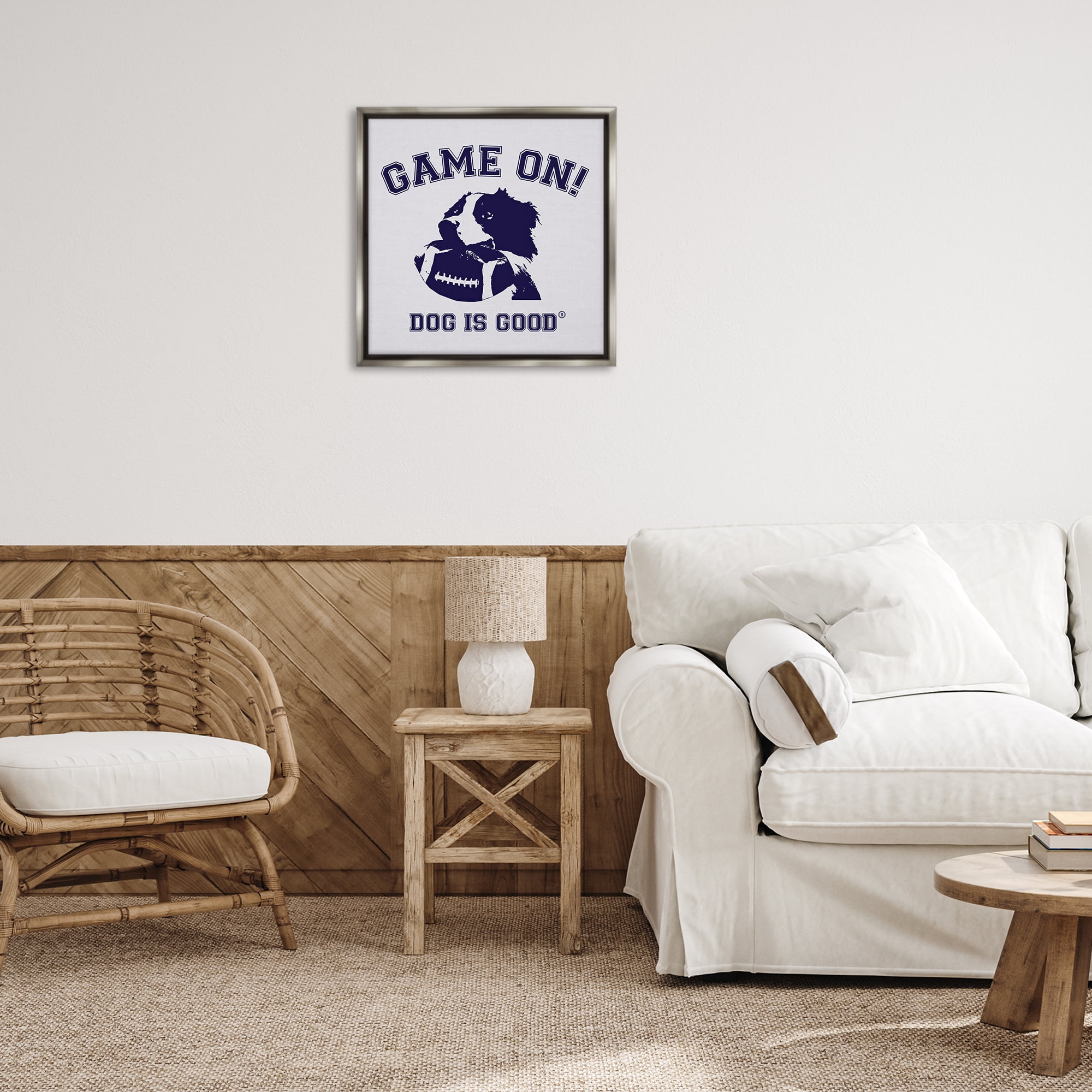 Stupell Industries Game On Dog & Football Animals Painting Gray Floater Framed Canvas Art Print Wall Art, 25 x 25