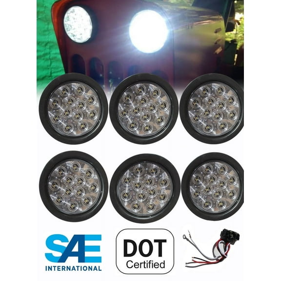 6 Pieces LED 4" White Round Backup Reverse Lights w Grommet Pigtail Kit for Truck Trailer Tractor DOT SAE Approved
