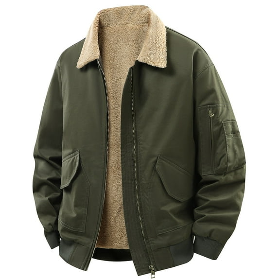 Wuxian Mens Work Jacket Fuzzy Wool Thickened Lined Turndown Collar Full Zip Up Long Sleeve Coats Fall Winter Warmth Coat Thermal Heavyweight Windproof Dailywear,Army Green,L