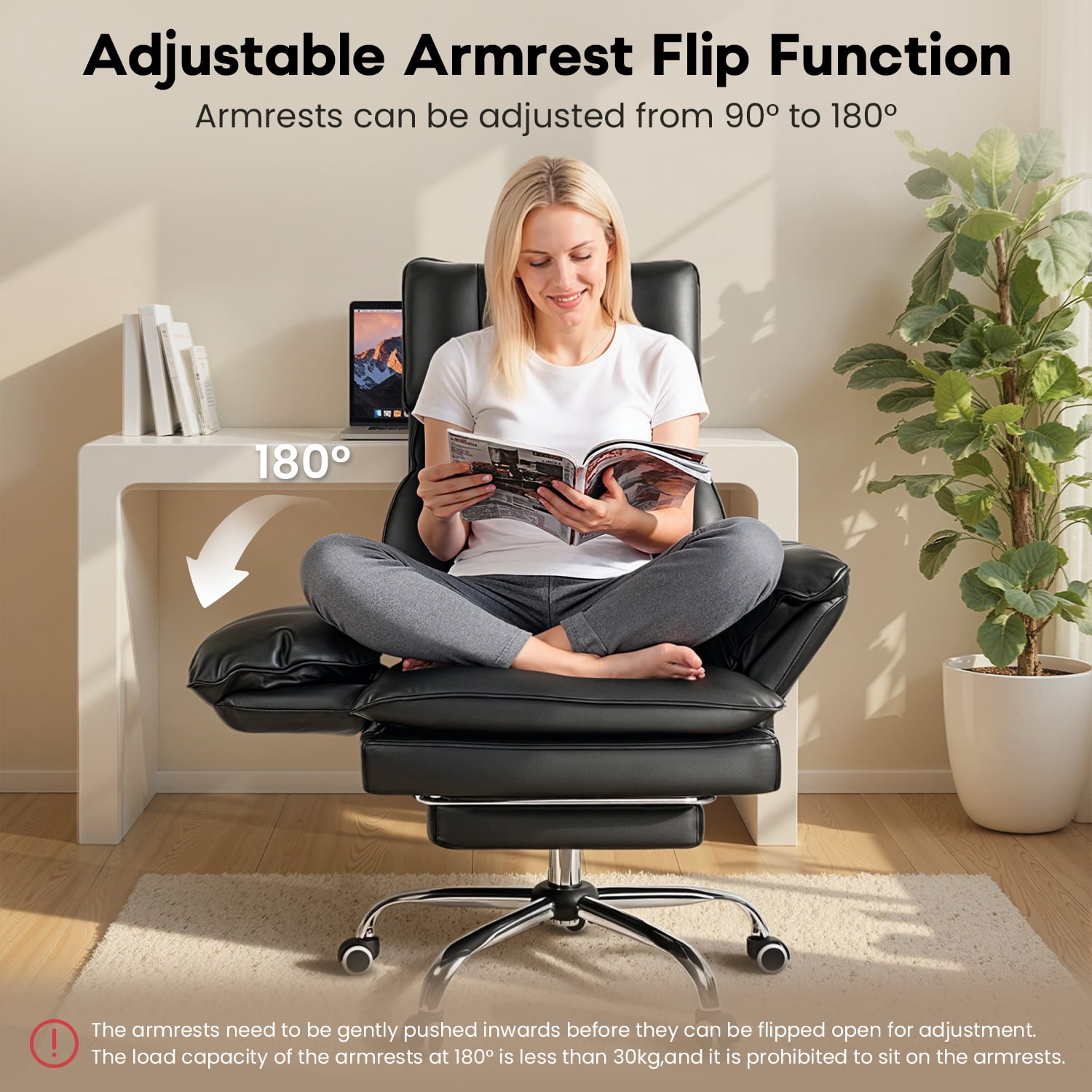 Waleaf 400lbs Executive Office Chair with Footrest, Ergonomic Leather Desk Chair with 180° Flip Armrests for Cross-Legged Sitting & 135° Reclining Back
