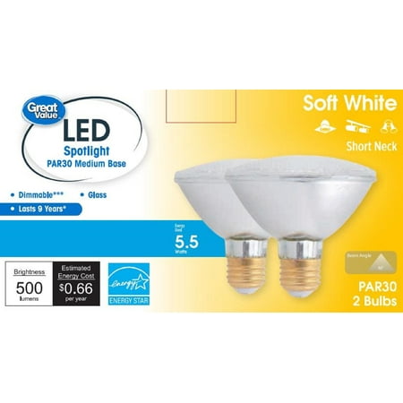 

Great Value Directional Par30 Indoor Spotlight LED Light Bulb 5.5Watts Soft White 2 Count CA