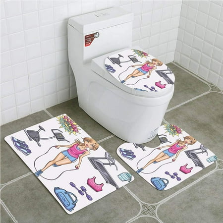 GOHAO Fitness Beautiful Young Cartoon Girl Working Out at Gym Bike Treadmill Outfits and 3 Piece Bathroom Rugs Set Bath Rug Contour Mat and Toilet Lid