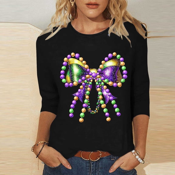 Cadancy Mardi Gras Shirt for Women 3/4 Sleeve Bownot Graphic Crewneck Pullover Tops Loose Fit Holiday Casual Carnival Party Tunic Blouse Trendy Outfits