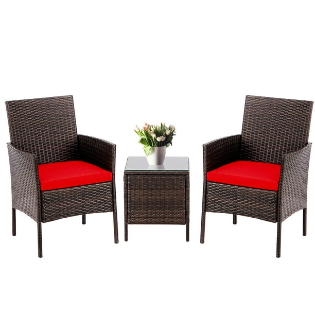 Suncrown 3 Piece Patio Bistro Outdoor Furniture Set All Weather Brown Wicker And Glass Side Table Red Cushion Walmart Com Walmart Com